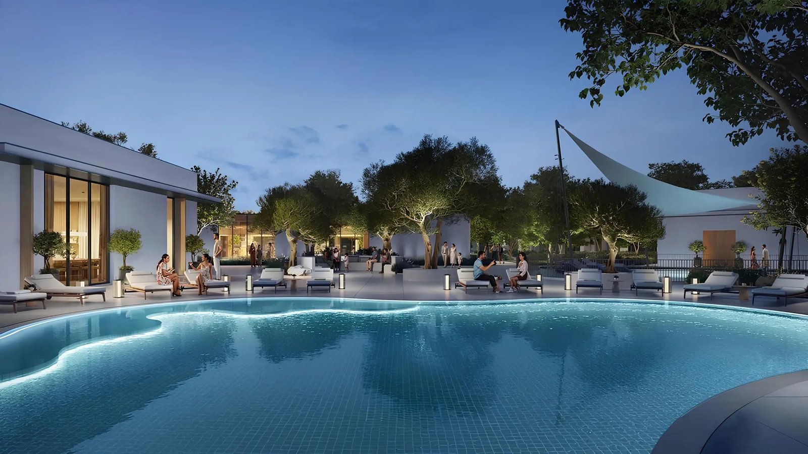 Alva at The Valley pool deck at dusk — Emaar render