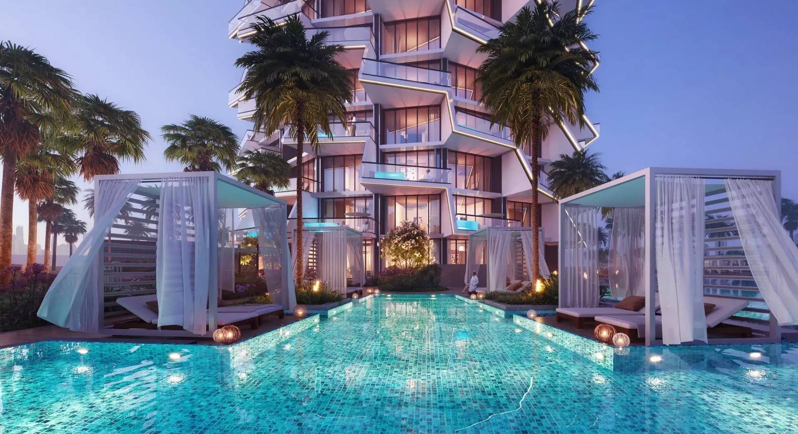 Pool with cabanas — Binghatti Phantom, JVC, developer render