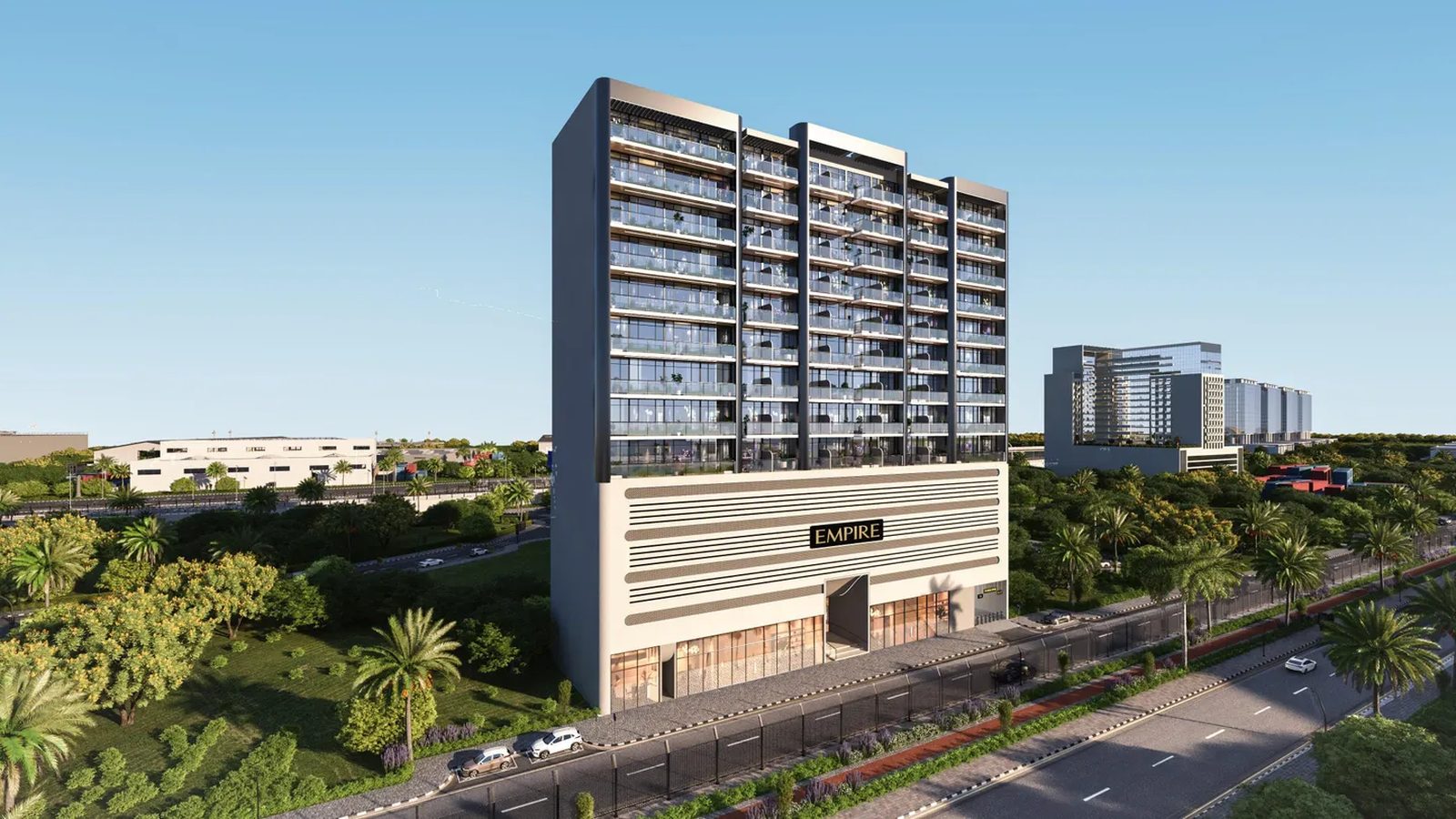 Empire Jebel Ali tower on Jebel Ali Central Street with the EMPIRE sign on its podium — Empire Developments render