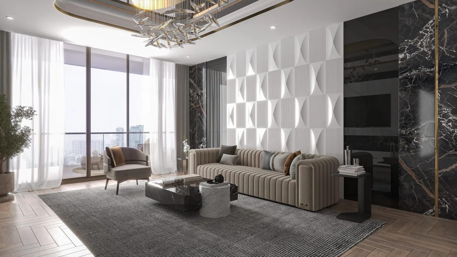 Empire Jebel Ali living room with black marble wall panels and floor-to-ceiling windows — Empire Developments render