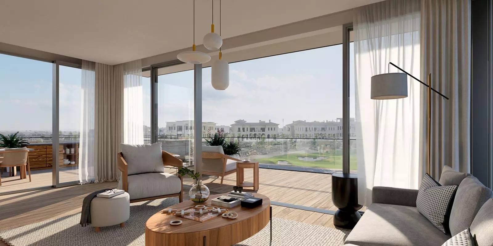 Salon avec vue sur le golf — Golf Place, Dubai Hills Estate, rendu Emaar