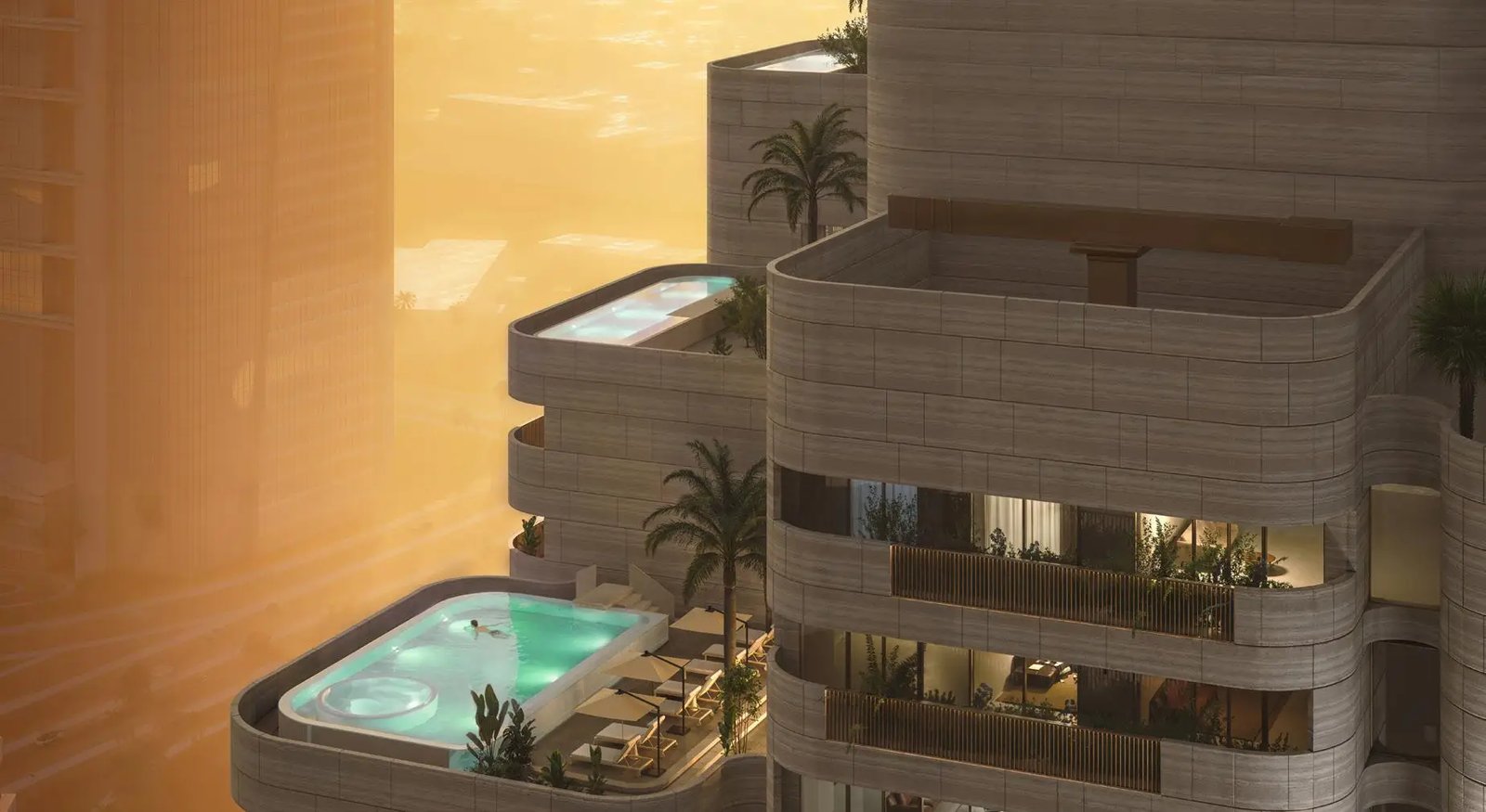 Terrace pools on the upper floors of Nine Collective — developer render