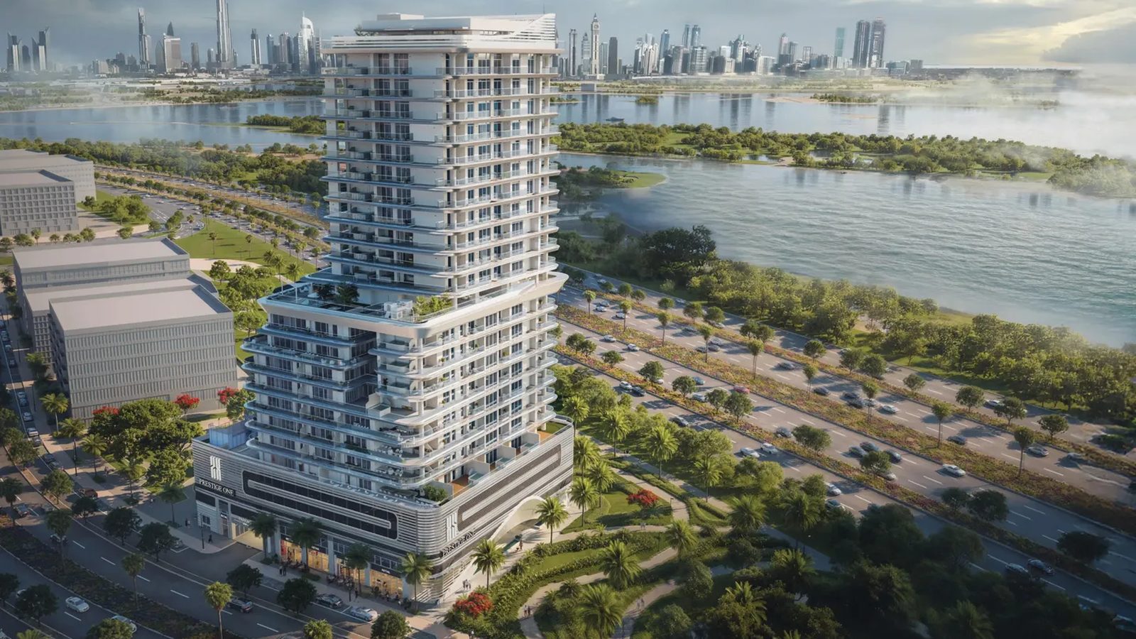 Sanctuary by Prestige One tower beside the Ras Al Khor wetlands with the city skyline behind — Prestige One render