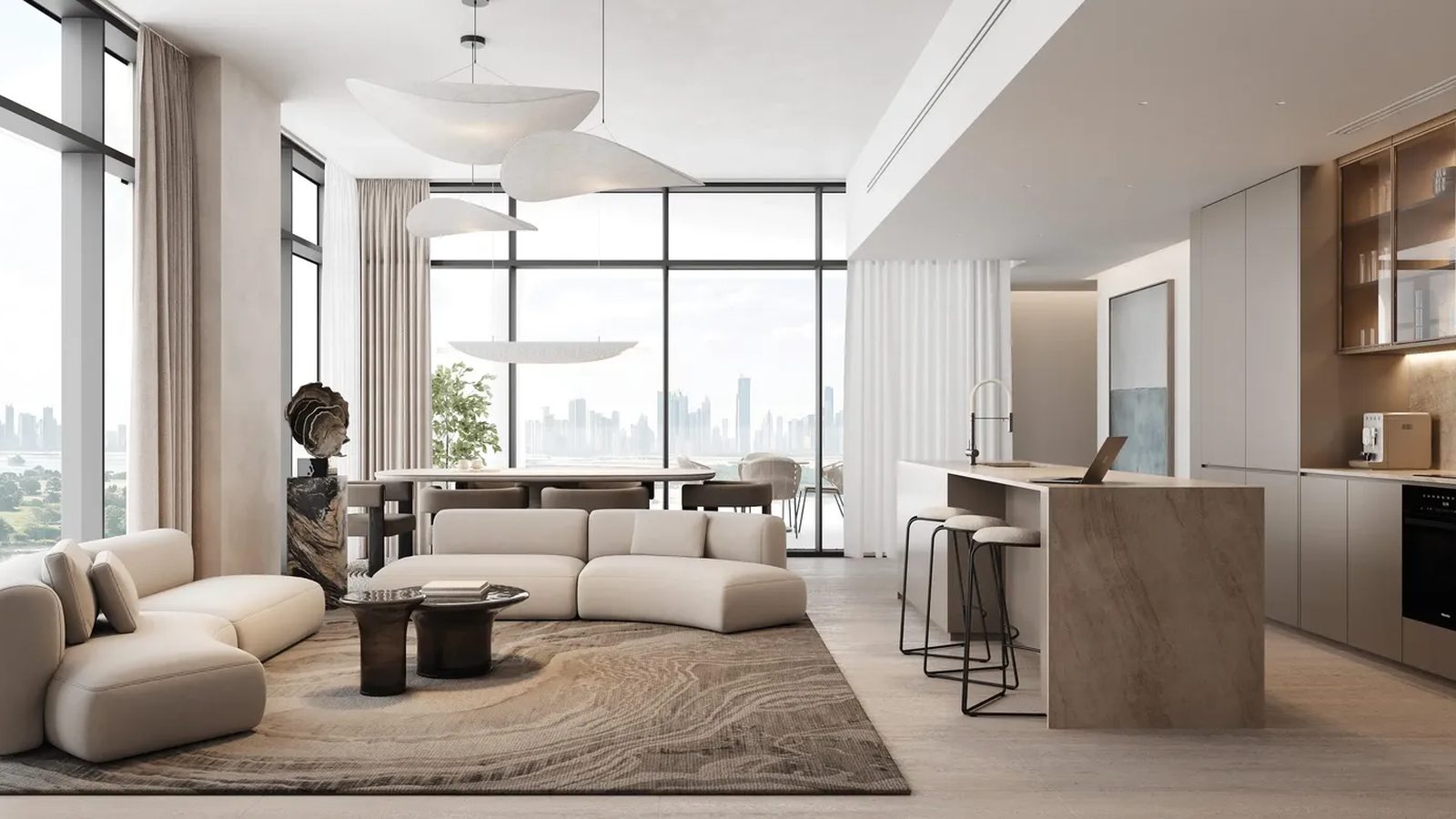 Sanctuary by Prestige One living room and open kitchen with a skyline view — Prestige One render