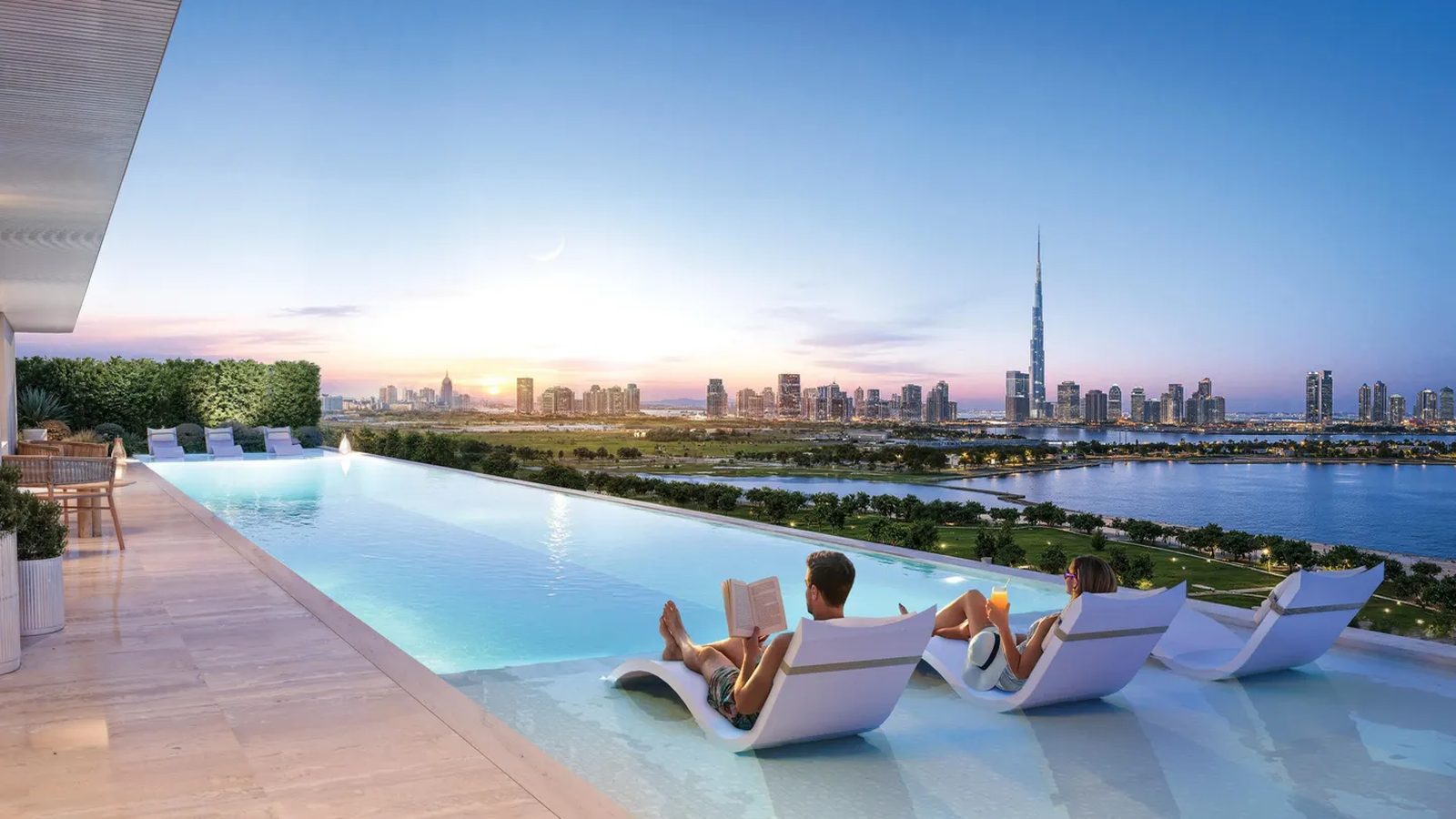 Sanctuary by Prestige One infinity-edge pool facing Burj Khalifa — Prestige One render