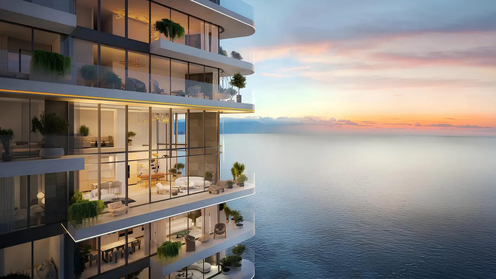 Soulever tower terraces with greenery above the sea at sunset, Beyond render
