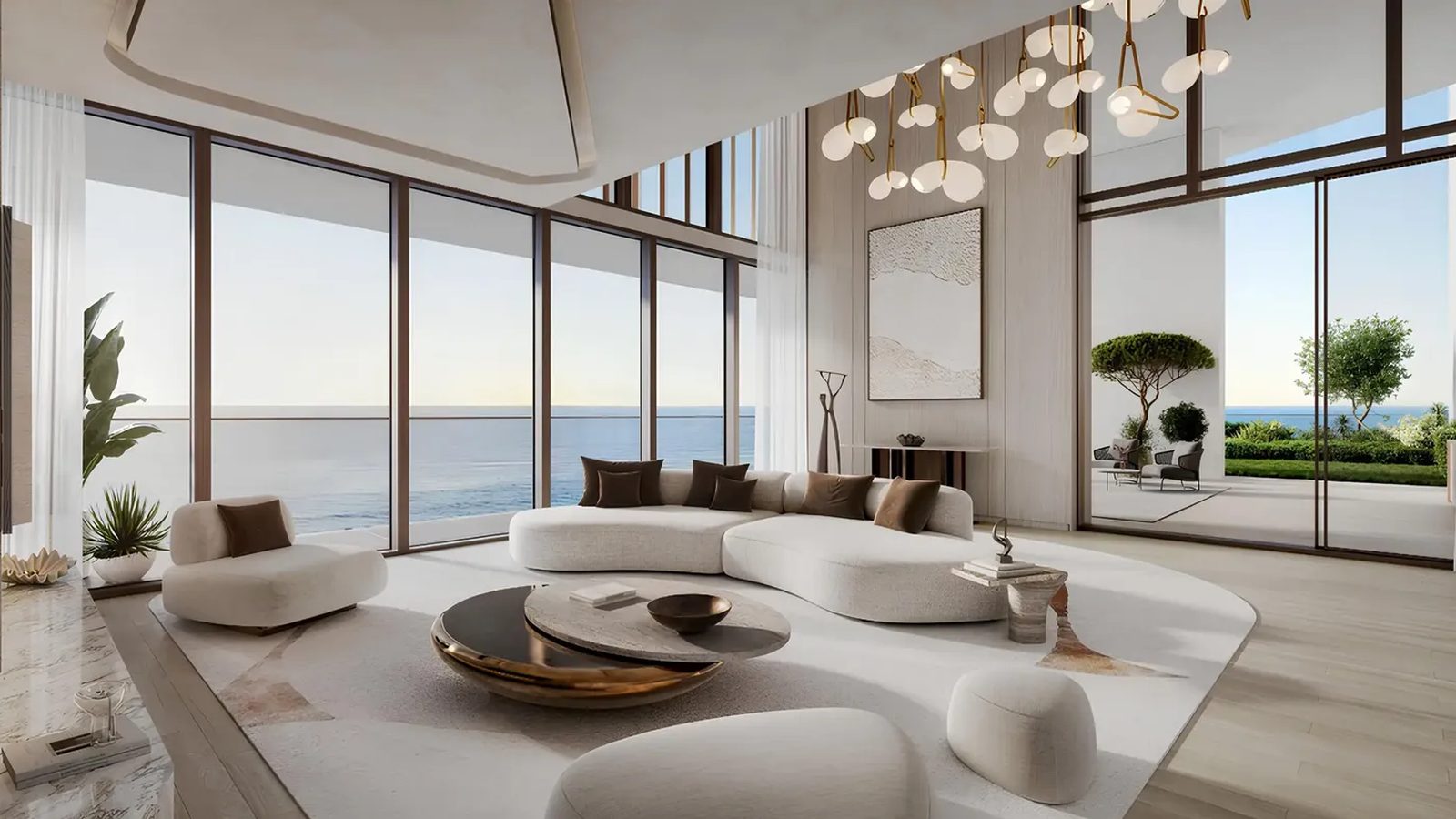 Soulever living room with floor-to-ceiling windows facing the sea, Beyond render