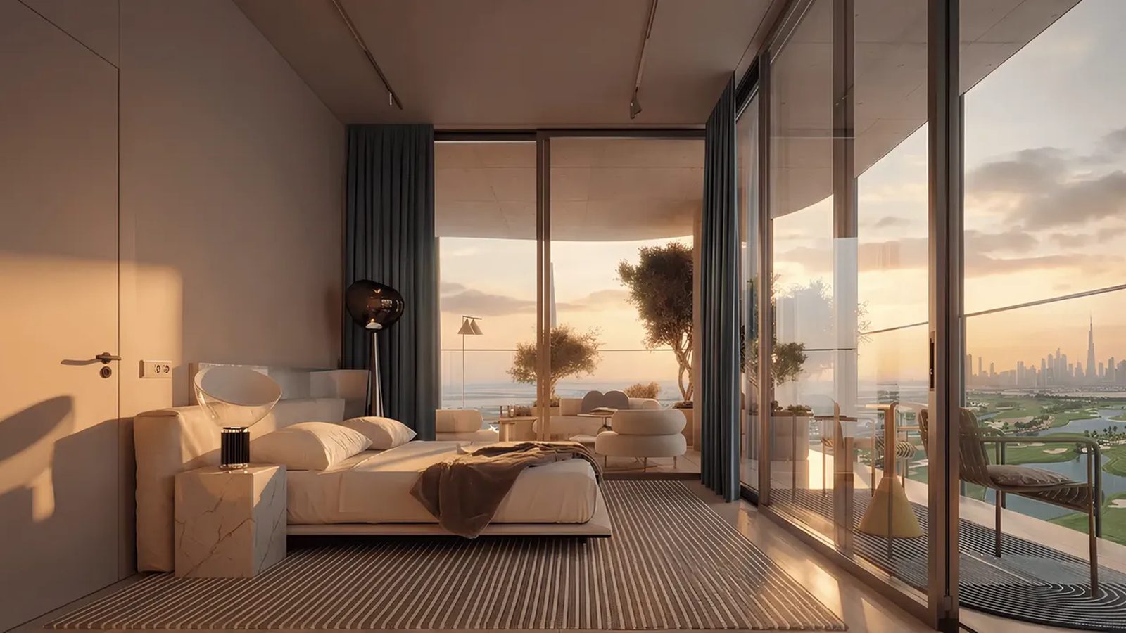 Bedroom with floor-to-ceiling glass and a sunset skyline view — Mr. Eight Development render
