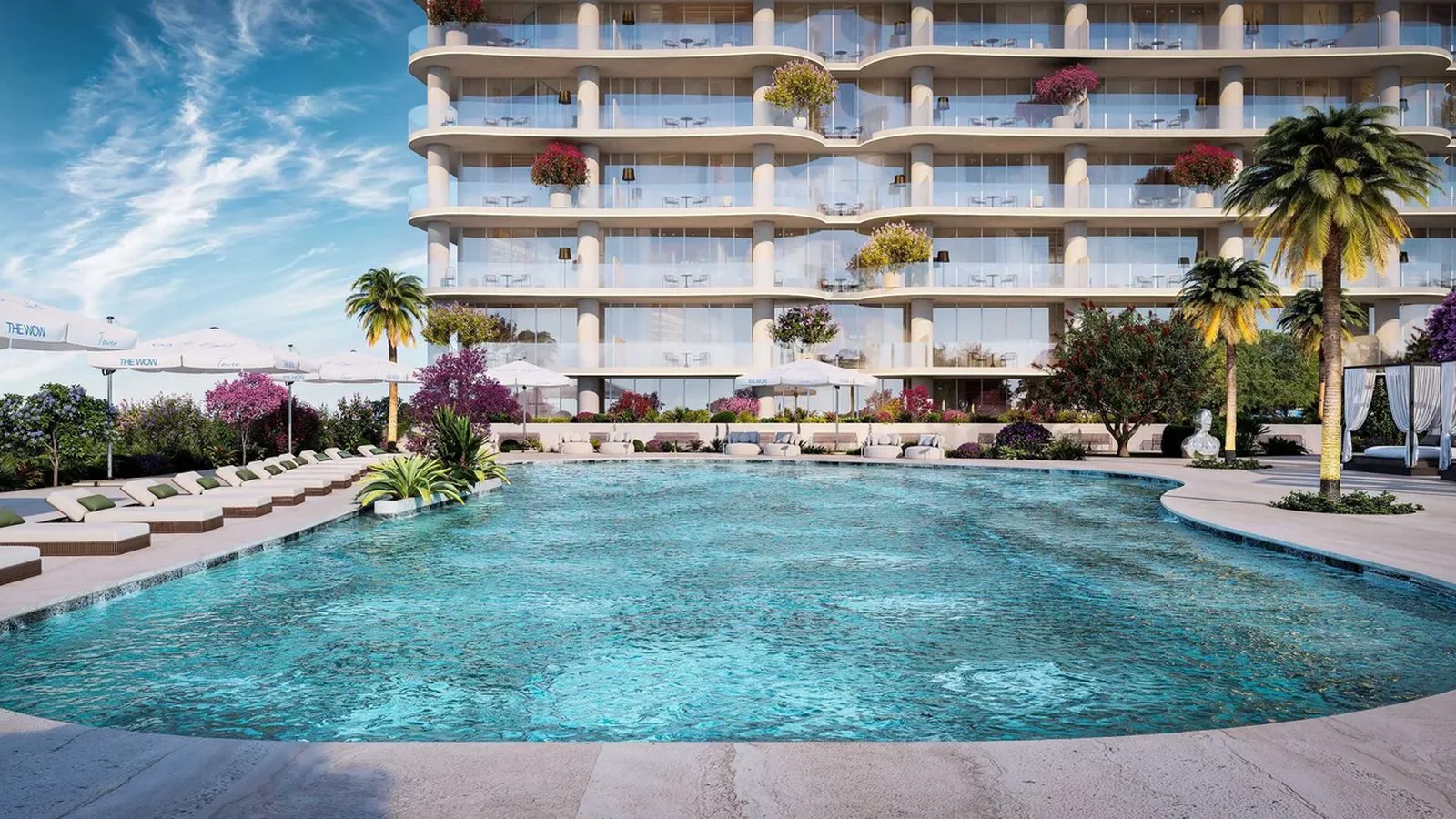 The WOW Tower pool deck with loungers and cabanas — Mr. Eight Development render