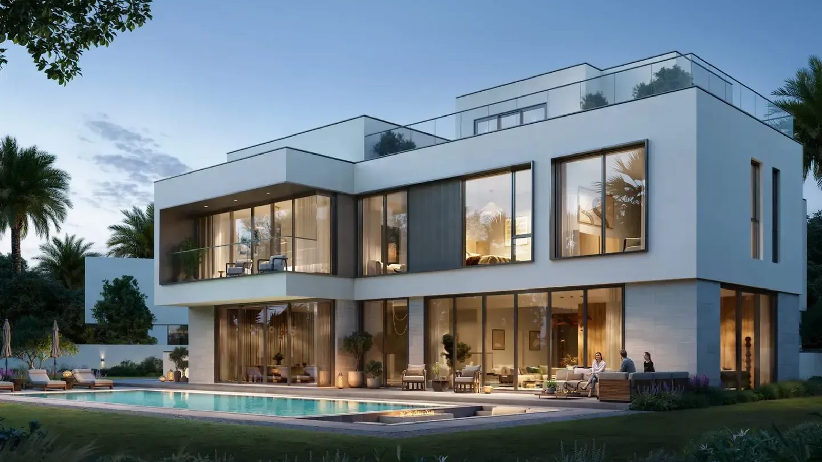Address Villas Tierra — white villa with a pool at dusk, Emaar render