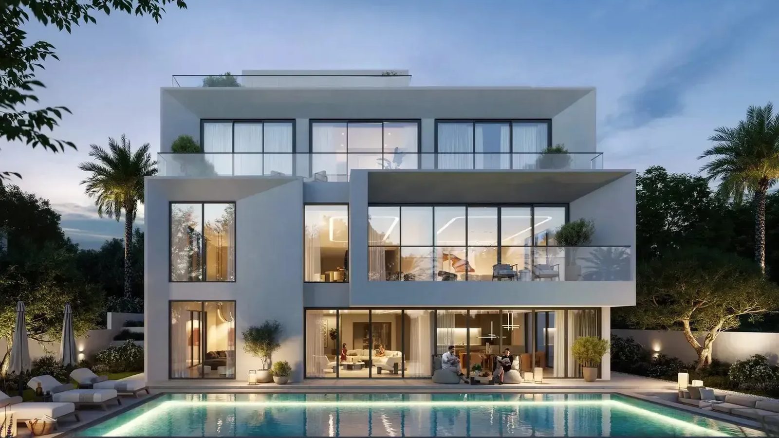 Palace Villas Ostra — three-storey villa with a lit pool at dusk, Emaar render