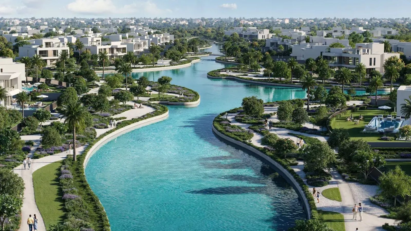The Oasis by Emaar — aerial view of the lagoon lined with villas, Emaar render